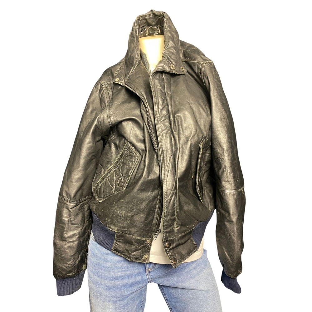 Vintage Members Only Leather Jacket Mens 44 Black Bomber Knit Trim Made in Korea